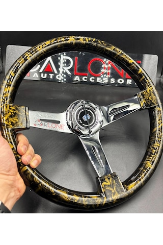 Momo Tip Direksiyon Gold Carbon Fiber Dizayn 35cm İthal Krom Detay 3 Kol Çizgili Karma