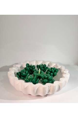 Green Lotus-el Yapımı Sukulent Mum Dekoratif Kase Beyaz-yeşil