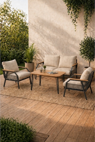Daisy Antrasit 2+1+1 Masalı Bej Bahçe Balkon Takımı Makrome Örgülü Fermuarlı Metal Kanepe Seti Bej