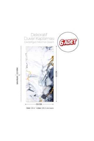 30x60 Cm Kendinden Yapışkanlı Duvar,banyo,tezgah Arası Kaplama Beyaz-mavi Mermer Desen 6 Adet 30 X 60 Cm