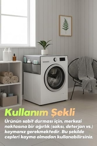 Palm Design Çamaşır Makinesi Koruyucu Örtü 4 Cepli Banyo Düzenleyici Organizer Su Geçirmez Örtü Gri 1000'li Set
