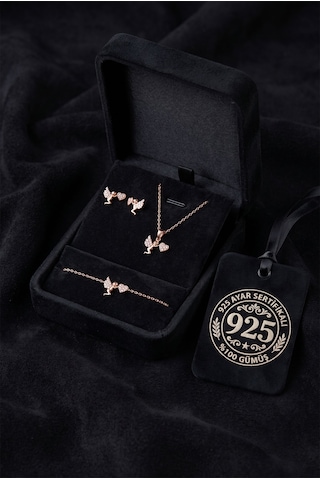 925 Ayar Gümüş Zirkon Taşlı Rose Kaplama Aşk Meleği Kolye Küpe Bileklik 3'lü Takı Seti