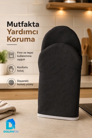 Isıya Dayanıklı Fırın Eldiveni Kalın Kumaşlı Tepsi Tutacağı Siyah