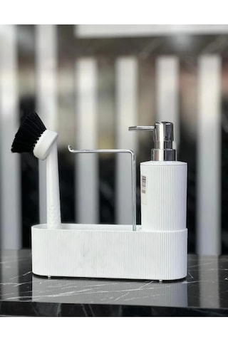 3'lü Krom Kapaklı Beyaz Plastik Deterjanlık Fırçalı Mutfak Banyo Temizlik Seti Düzenleyici Mıt1177 Çok Renkli