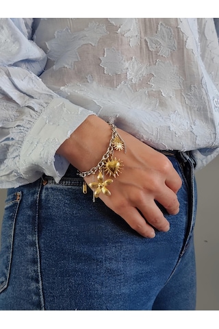 Çiçek Kalp Güneş Çocuk Charmlı Halat Zincir Model Bileklik Gold