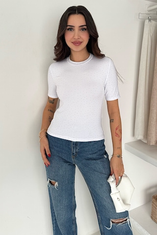 Noa & Noa Kadın Taş Detaylı Kısa Kollu T-shirt Beige Spark Beyaz