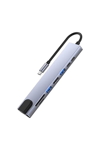 Px-u520 8 İn 1 Type-c Çoklayıcı Adaptör, 4k 30hz Hdmı Usb-c Hub, 2x Usb 3.0 Rj45 Gigabit Ethernet Sd Micro Sd Kart Okuyucu 2x Pd Şarj Portlu Gri Metal Usb-c Çevirici, Macbook Uyumlu Laptop Pc İçin