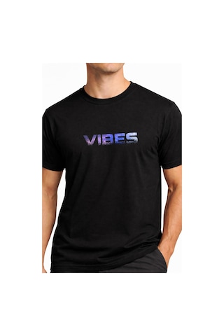 Vibes Typography Baskılı Unisex Tişört %100 Pamuk Oversize Bisiklet Yaka Günlük T-shirt Siyah