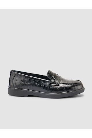 %100 Hakiki Deri Siyah Croco Desen Kadın Loafer Siyah