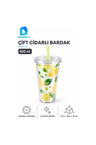Büyük Çift Cidarlı Pipetli Bardak 600 Ml Desenli Kapaklı Plastik İçecek Bardağı Çok Renkli