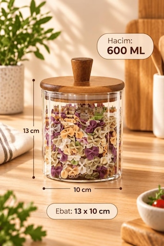 Atbyhome Akasya Ahşap Kapaklı Çizgili Cam Kavanoz 600 Ml - Vakumlu Erzak Ve Baharat Kabı