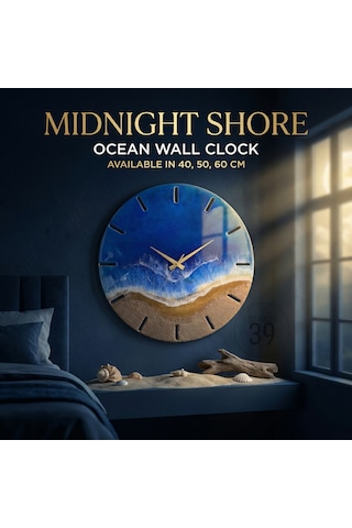 Mekanizma Midnight Shore Okyanus Duvar Saati 60 Cm Lacivert & Altın Kum Efektli Epoksi Saat, Altın Roma Rakamlı, Sessiz Lüks Tasarım Okyanus