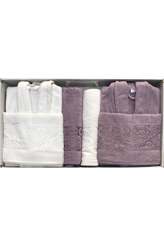 Royam  Eva Gold Kadife Jakarlı Pamuklu 6 Parça Aile Bornoz Seti