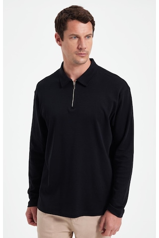 Tudors Erkek Relax Fit Rahat Kesim %100 Pamuk Yarım Fermuarlı Polo Yaka İnterlok Siyah Sweatshirt-42170 Siyah