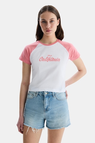 Ucla Carolına Pembe Bisiklet Yaka Baskılı Standard Fit Kadın Tshirt Pembe