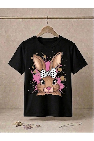 Sevimli Tavşan Figür Baskılı Kompakt T-shirt Siyah