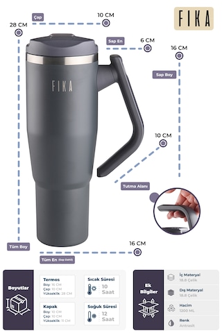 Fika Lumi Patentli Döner Kulplu Sızdırmaz Çelik Termos 1200 Ml - Bej Antrasit