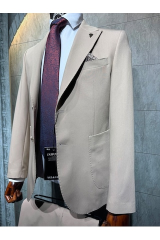 Dupont Classics Dupont Slim Fit Sivri Yaka 6 Drop Çift Yırtmaç Torba Cep Puntolu 2'li Takım Elbise Krem
