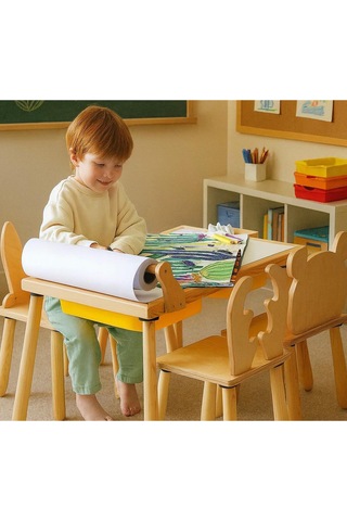 Woodnjoy Masif Ağaç Aktivite & Çalışma Masası Rulo Aparatlı +Kırtasiye İstasyonlu ve Kaplar - Ahşap