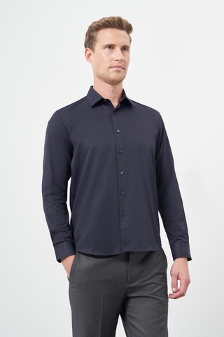 İmza Koyu Lacivert Uzun Kol Düz Bez Ayağı Sert Yaka Cepsiz Pamuklu Classic Slim Fit Gömlek 1004245267 Koyu Lacivert