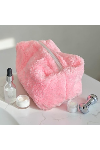 Neon Pembe Peluş Yumuşak Makyaj Çantası Çok Amaçlı Çanta