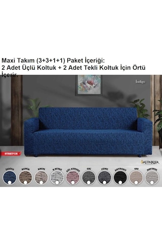 Altınkoza Still Jakarlı Streç Maxi Takım Koltuk Örtüsü Eko-indigo Mavi
