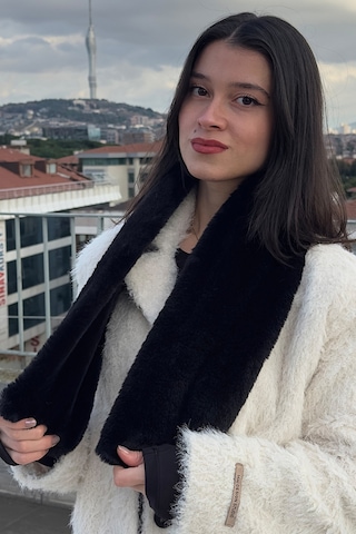 Mollycrush Kadın Siyah Peluş Atkı Kışlık Şık Suni Kürklü Siyah
