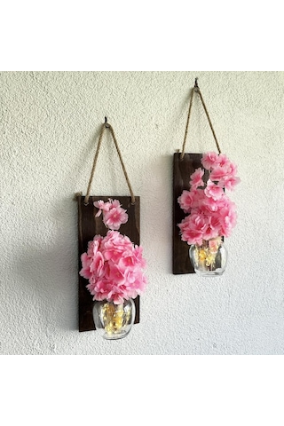 Led Işıklı, Pembe Bahardalı Çiçekli Duvar Dekoru Ceviz İkili Set Ceviz