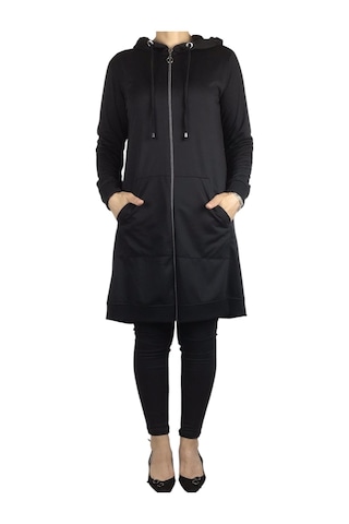 Kadın Kapşonlu Önü Fermuarlı Kanguru Cepli Kristal Kumaş Ceket Siyah