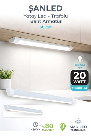 60 Cm 20 Watt Yatay Led Bant Armatür-trafolu Beyaz Işık-4 Adettir Beyaz