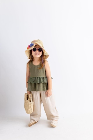 Oliventhekid Beli Tamtur Dantelli Kolsuz Keten Kız Çocuk Bluz Haki Haki