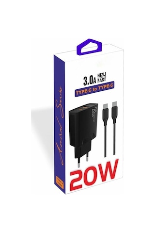 Pdateknoloji 20 Watt Usb + Type-c Çıkışlı Hızlı Şarj Başlık Adaptör + 1m 3a Type-c To Type-c Kablo Yerli Üretim Kdr-42 Siyah 1 Adet