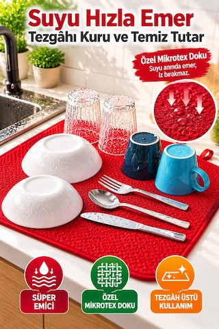 Kırmızı Bez Mikrotex Bulaşık Kurutma Matı 45x36 Cm Süper Emici Katlanabilir Tezgah Üstü Kurutma Matı