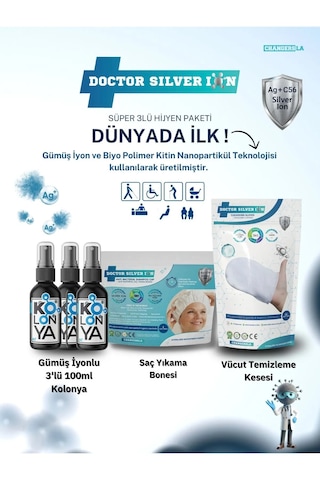 Doctor Silver Ion Gümüş İyonlu Kolonya 3 x 100 ML + Vücut Temizleme Kesesi + Saç Yıkama Bonesi Doctor Silver Ion Gümüş İyonlu Kolonya 3 x 100 ML + Vücut Temizleme Kesesi + Saç Yıkama Bonesi