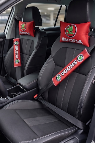 Skoda Araçlar İçin Seyahat Boyun Yastığı & Emniyet Kemer Kılıfı - Dijital Baskılı İkili Konfor Seti Kırmızı