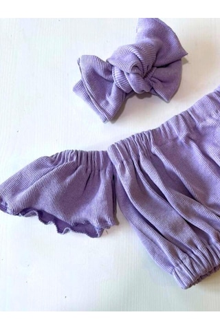 Özge Başaran Kız Çocuk, Likralı Deri Fiyonk Detaylı Pantolon, Lila Straplez Crop Bluz Ve Saç Lila