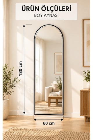 Boy Aynası Siyah Metal Çerçeve Boy Deloratif Ayna Duvar Aynası 180x60 Cm