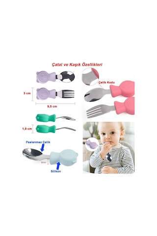 Jojobebek Kaşık Çatal Seti, Ergonomik Kısa Saplı Silikon, Paslanmaz Çelik Uçlu, Saklama Kutulu, (9-24 Ay) (LACİVERT)