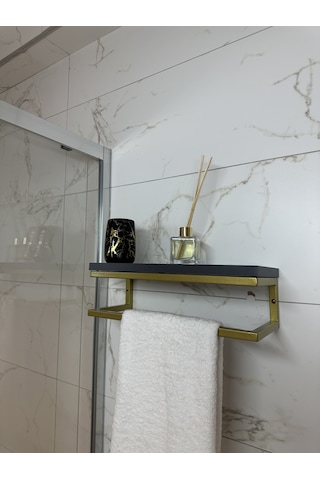 lyla concept Fulya Banyo Ahşap Raflı Gold Metal Havlu Şal Askılık Antrasit Raf Gold