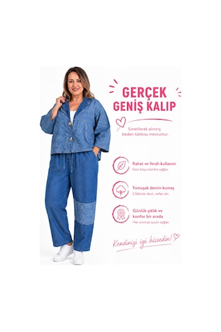 Büyük Beden Yakalı Geniş Kol Detaylı Düğmeli Çizgi Desenli Denim Kadın İkili Takım Mavi