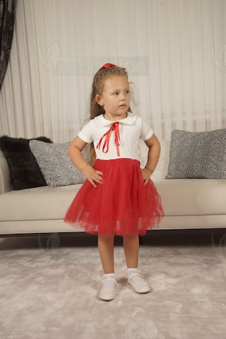 Kız Çocuk Bebe Yaka Kısa Kollu Astarlı Tüllü Elbise Kısa-kırmızı Kırmızı