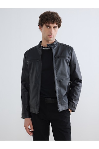 Lcwaıkıkı Classic Siyah Regular Fit Dik Yaka Erkek Deri Görünümlü Ceket