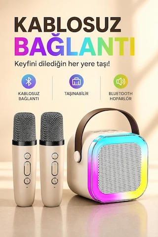 Coverzone Kablosuz Mikrofonlu Karaoke Makinesi Ent- Taşınabilir Bluetooth Hoparlör Seti Bas Tiz Ayarlı Retro Hoparlör Yetişkinler Ve Çocuklar İçin Hafıza Kartı Ve Usb 10x10x6cm Çiftli K12 - Krem