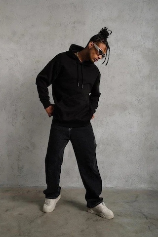 Defymoda 3 İplik Kapşonlu Sweatshirt Hoodie - Siyah