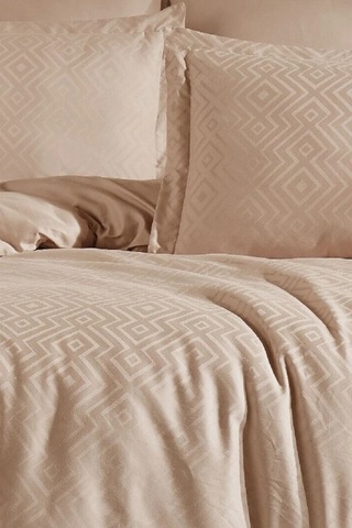 Jakarlı & Saten Çift Kişilik Nevresim Takımı-6 Parça & Geometrik Desen -200x220cm-metis Kapuçino Cappuccino