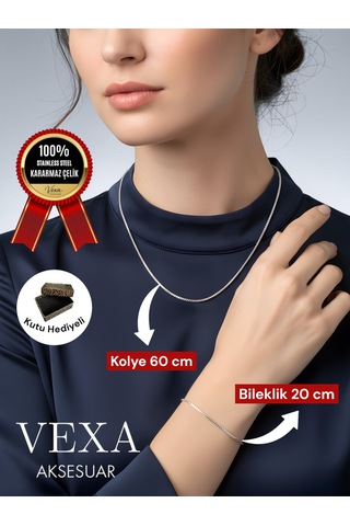İthal Premium 3 Mm Kararmaz Örme Çelik Kolye Ve Bileklik Set - Kutulu Ve Hediyeli Ürün Gümüş