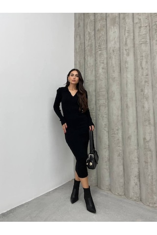 Msm Fashion Kadın Elbise Uzun Triko Kışlık Polo Yaka Likralı Kalem Elbise Siyah