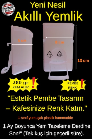 Pembe Akıllı Kuş Yemliği - 280 Gr Geniş Hazneli Kabuk Ayırıcılı Muhabbet Kuşu Yemliği 13x8x5 Cm