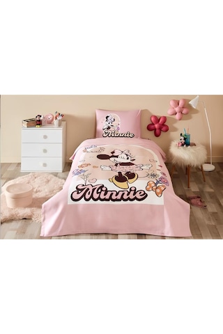 Özdilek Tek Kişilik Lastikli Çarşaf Çocuk Pike Takımı Minnie Garden Pembe