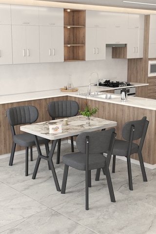 Gnr 70x110cm Sabit Efes Mutfak Masası Takımı, Yemek Masası, 4 Modern Antrasit Sandalye Antrasit